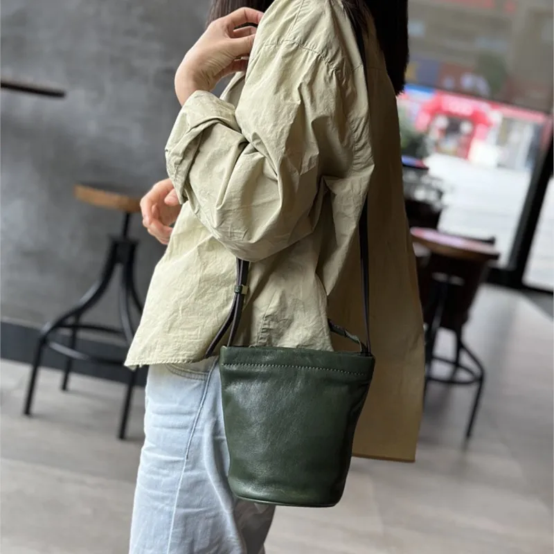 Johnature Casual Women Mini Bag 2024 New Simple Solid Color Genuine Leather Versatile Small Bucket Shoulder & Crossbody Bags