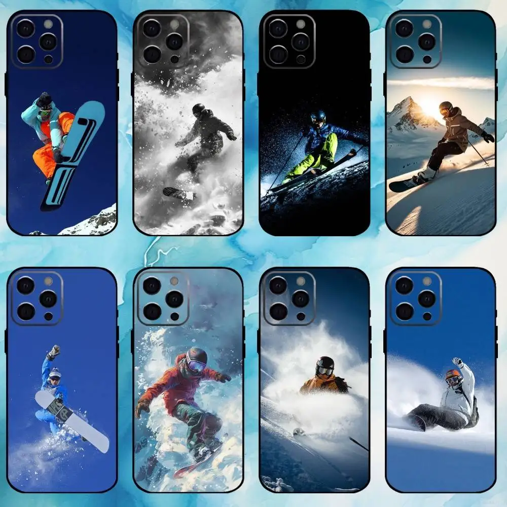 Skiën Sneeuw Snowboard Ski Telefoonhoesje Voor iPhone17,16,15,14,13,12,11 Plus, Pro Max Zachte Zwarte Cover