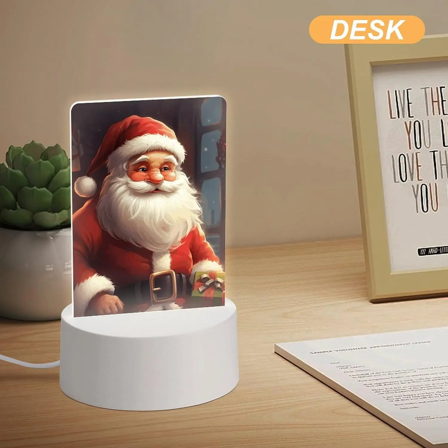 Warm Vintage Santa Portrait Acrylic LED Nightlight, Holiday Winter Desktop Table Ornament