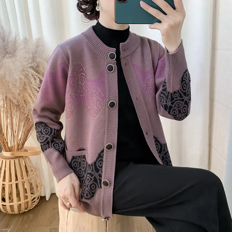 Vintage Printed Button Pockets Diamonds Cardigan Sweaters Women\'s Clothing 2023 Autumn Winter Oversized Knitted All-match Tops