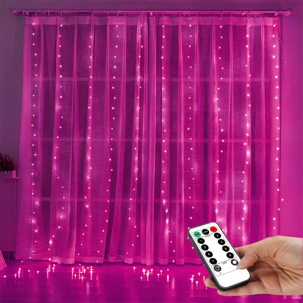 Pink Fairy Curtain Lights For Room USB Powered 3mx2m String Light With Remote 8 Mode Hanging Twinkle Lights For Party Well Decor