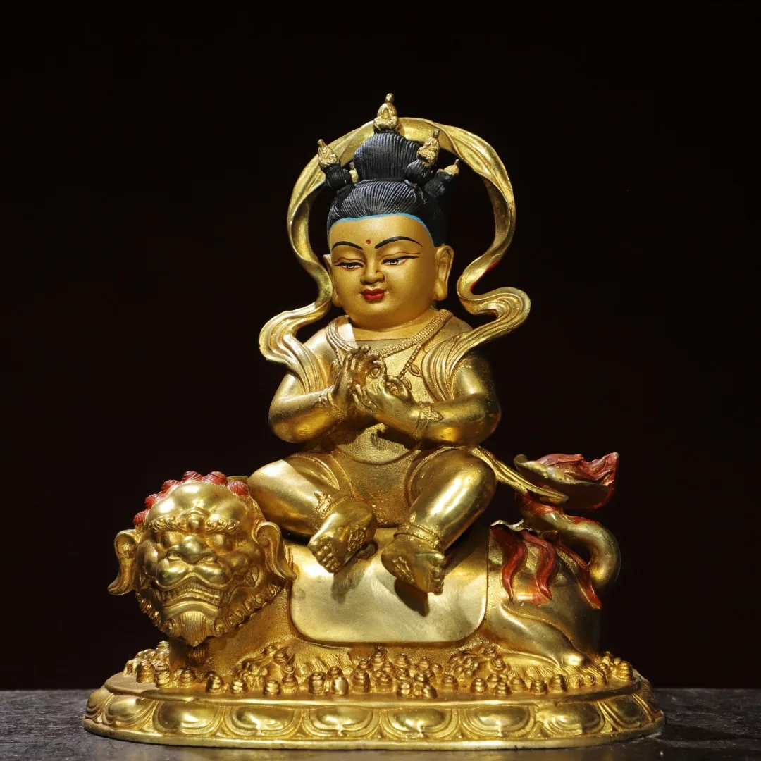 

8"Tibetan Temple Collection Old Bronze Gilded Painted Face Riding Beast Manjushri Baby Buddha Lotus Platform Worship Hall