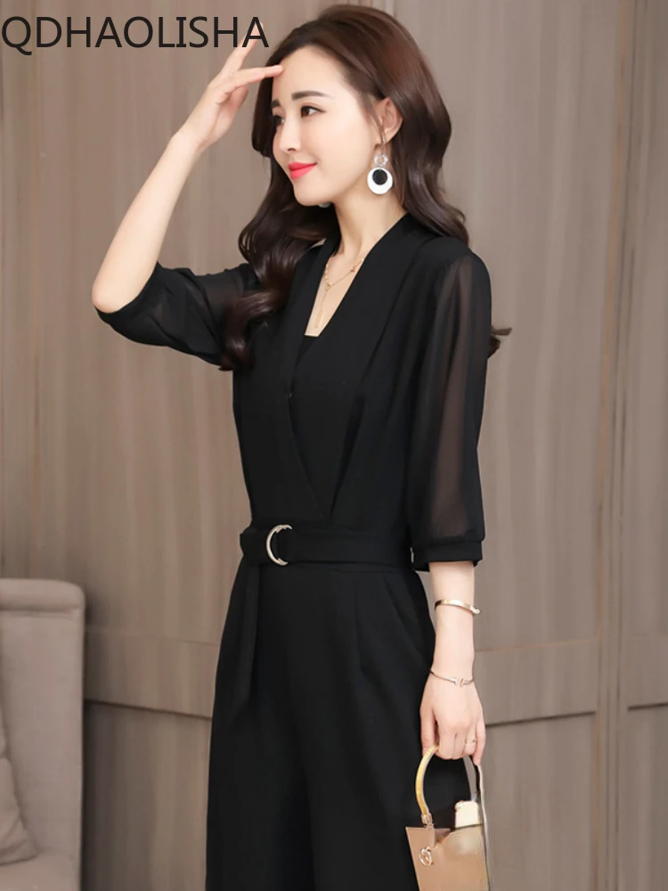 New in High Waist Jumpsuit Woman Clothes Korean Fashion Elegant Commuter Black Wide Leg Jumpsuit Set for Women Spring Streetwear