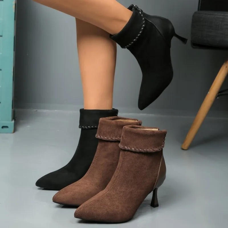 

Pointed Toe Women Sock Short Boots Fashion Side Zippers Slim Ankle Booties Thin High Heel Autumn Winter Ladies Shoes Plus Siz 42