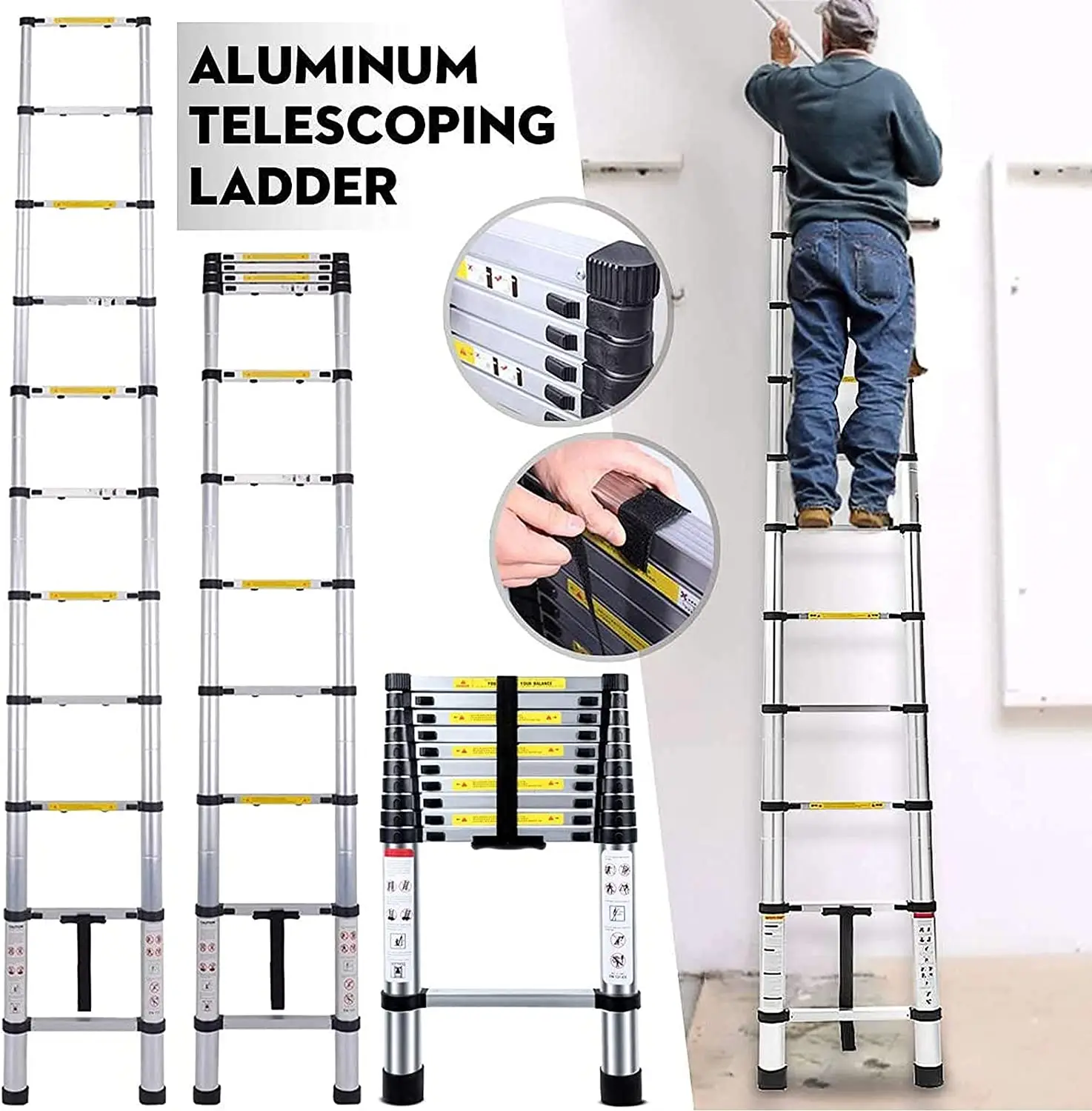 Escalera Telescópica de Aluminio de 3.2m/5m/6.2m con 2 Ganchos Desmontables para Uso Doméstico y Trabajo al Aire Libre