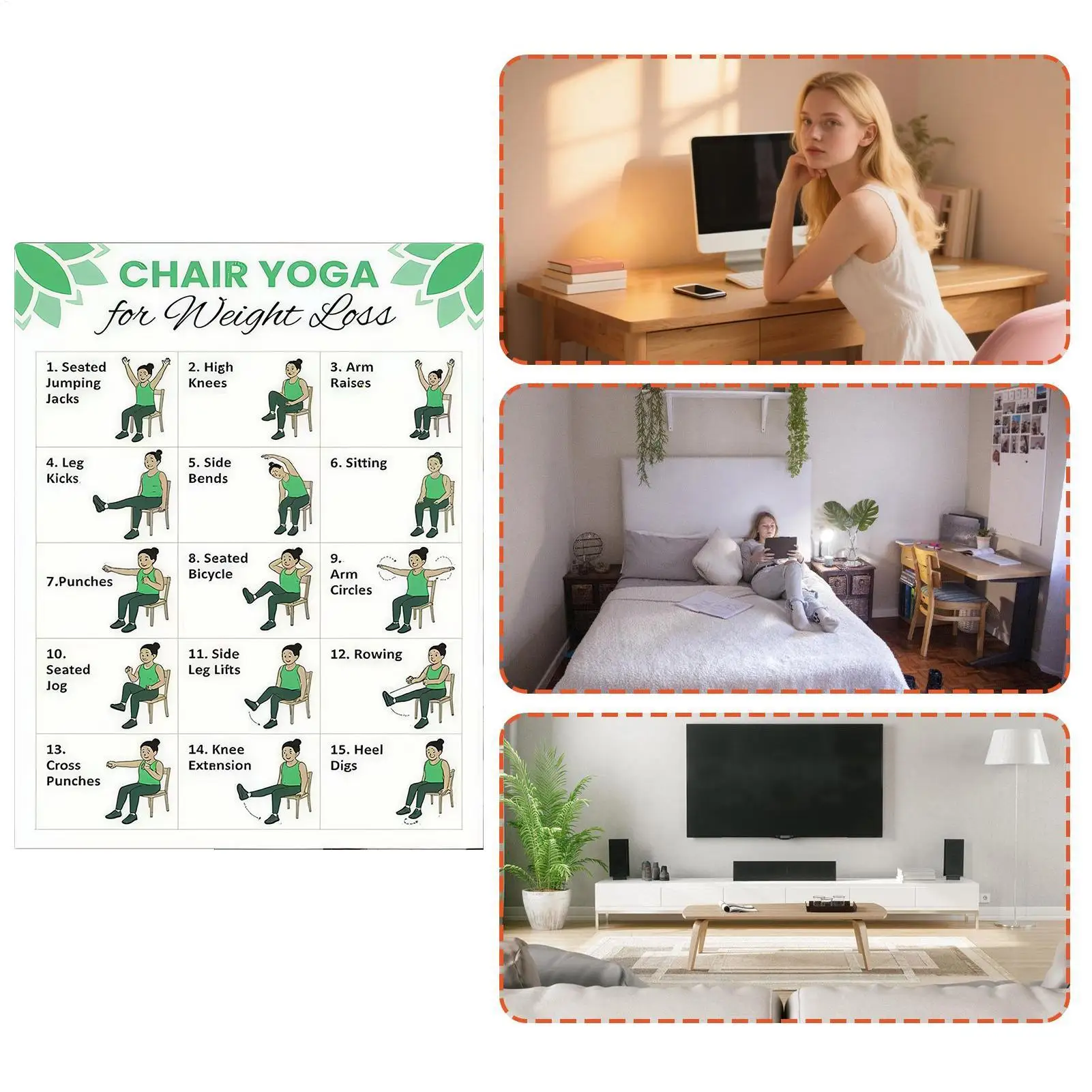 

Комплект для йоги на стуле: 30-дневные тренировочные таблицы (2 шт.) и руководство для начинающих. Визуальное пособие для развития гибкости, баланса и мобильности. ﻿