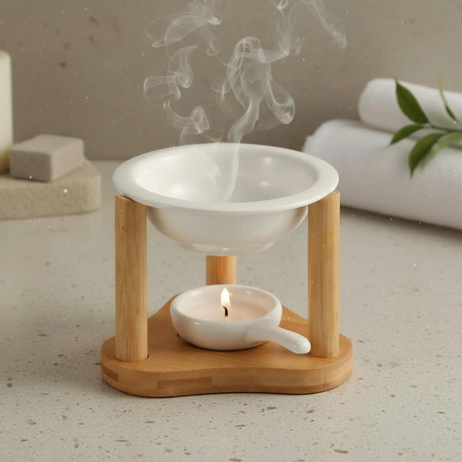 Ceramic Aroma Lamp Bamboo Structure Essential Oil Burner Incense Holder for Calming Bedroom Routines