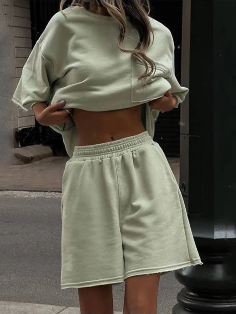 Casual Simple Short Style Sports Two Piece Set Women Solid Color Loose Half Sleeves T Shirt Shorts 2 Piece Sets Lady Streetwear