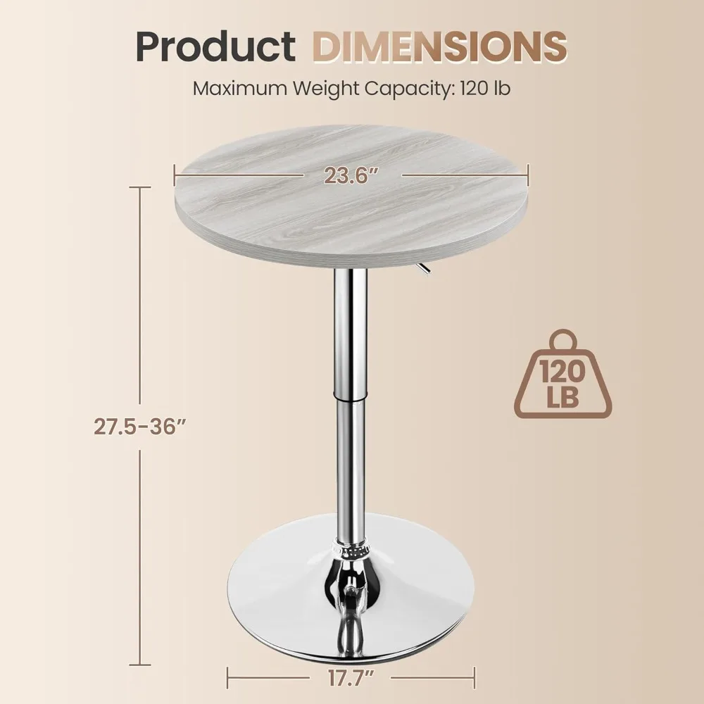 Round Bar Table, Adjustable Height and 360° Swivel Bar Tables, Cocktail Table with MDF Top, Silver Leg Base for Bar, Bistro, Ca