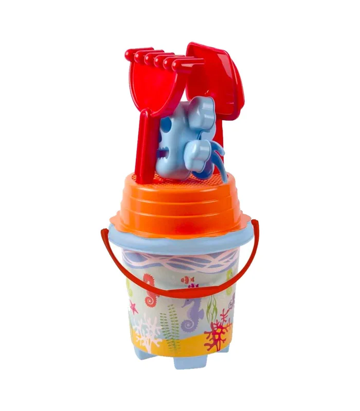 Tradineur-beach bucket with accessories, printing seahorses, includes: Bucket, shovel, rake, etc. Ideal for playing