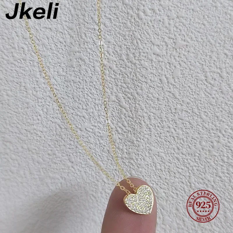 

Jkeli- S925 Sterling Silver Simple Zircon Heart Pendant Clavicle Chain Necklace Women Classic Fashion 14k Real Gold Plating Pytr