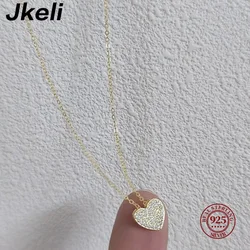 Jkeli- S925 Sterling Silver Simple Zircon Heart Pendant Clavicle Chain Necklace Women Classic Fashion 14k Real Gold Plating Pytr