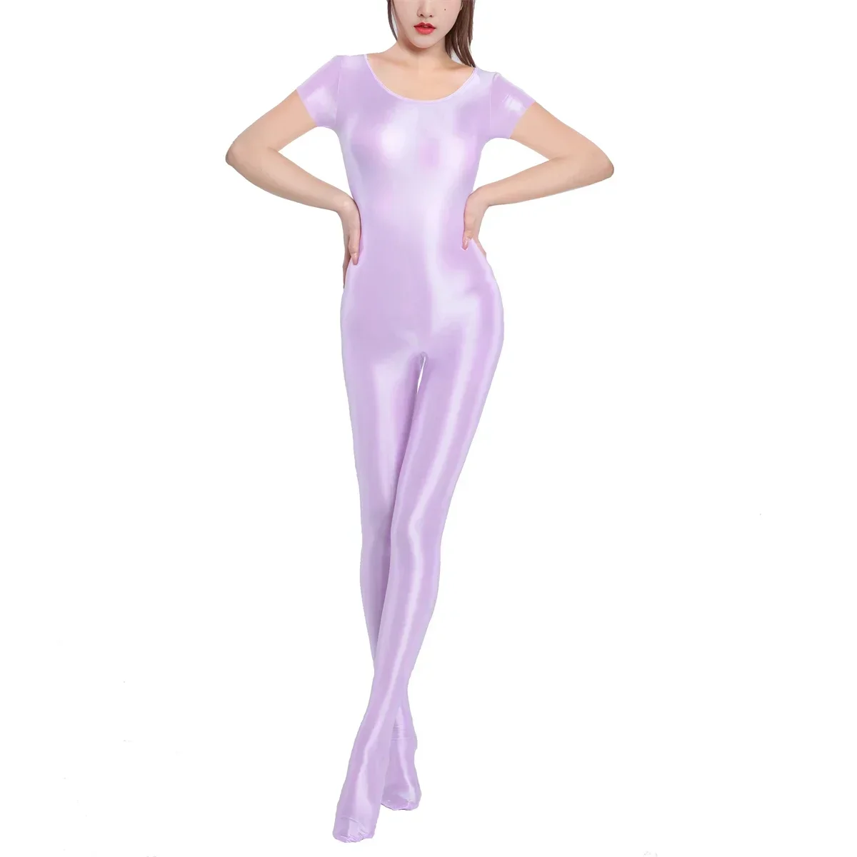 بدلة بيجامات نسائية مثيرة من قطعة واحدة بلون سادة ملابس داخلية شفافة بأكمام قصيرة بدلة قطط لامعة وناعمة لليوجا واللياقة البدنية #4