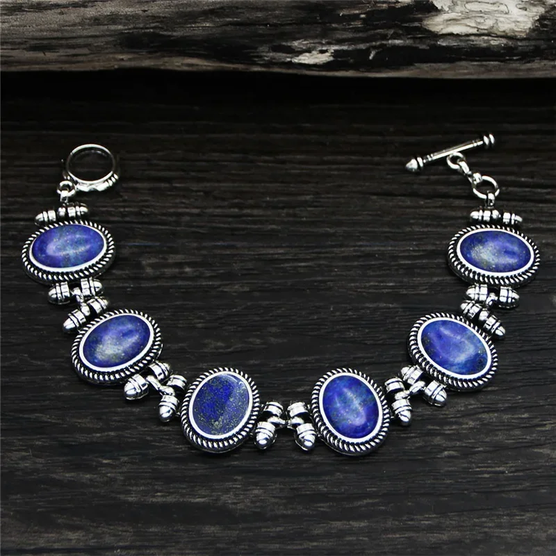 Vintage Oval Plant Lapis Lazuli Bracelet For Women Tibetan Silver Plated Natural Stone Tiger Eye Jades Quartz Fashion Bracelets