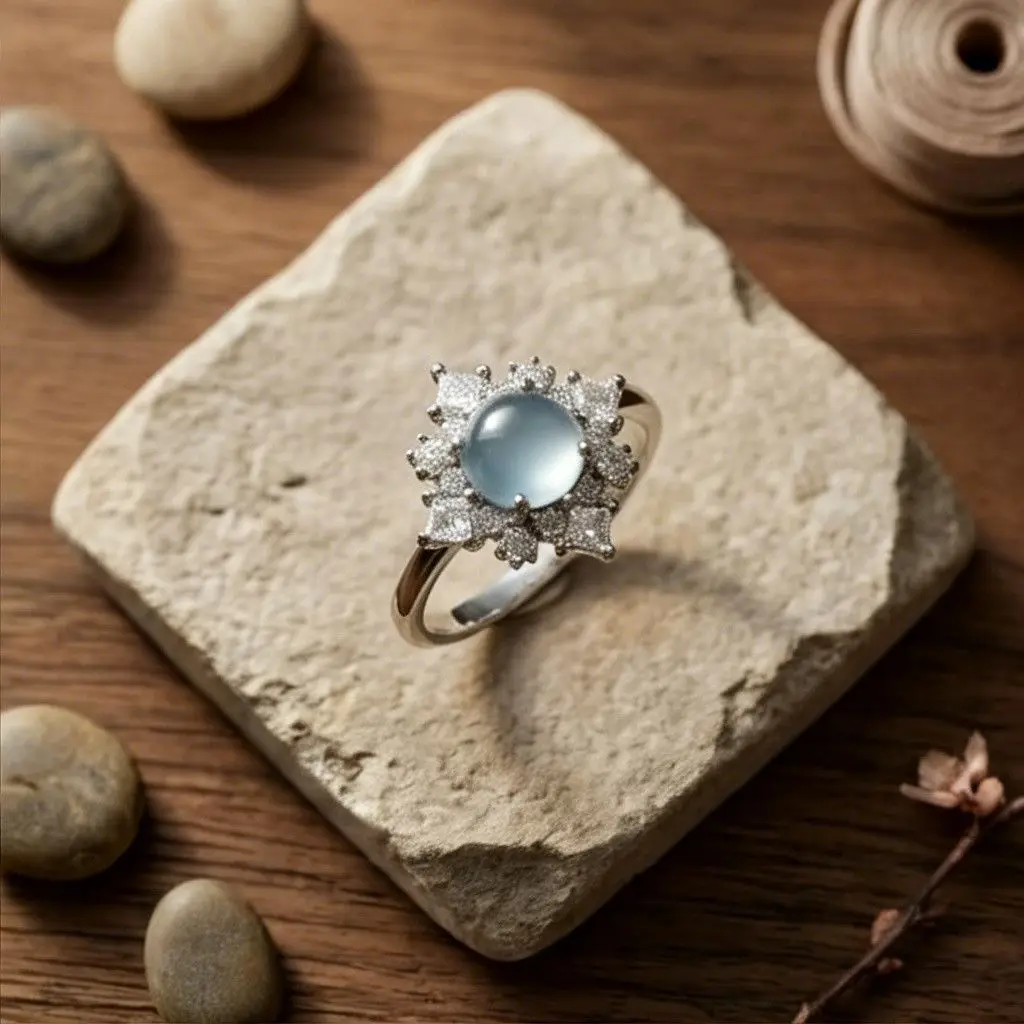 Anillo de jadeíta natural, producto de jade blanco transparente como la nieve, con gran superficie en forma de huevo, estilo luna llena, no común.