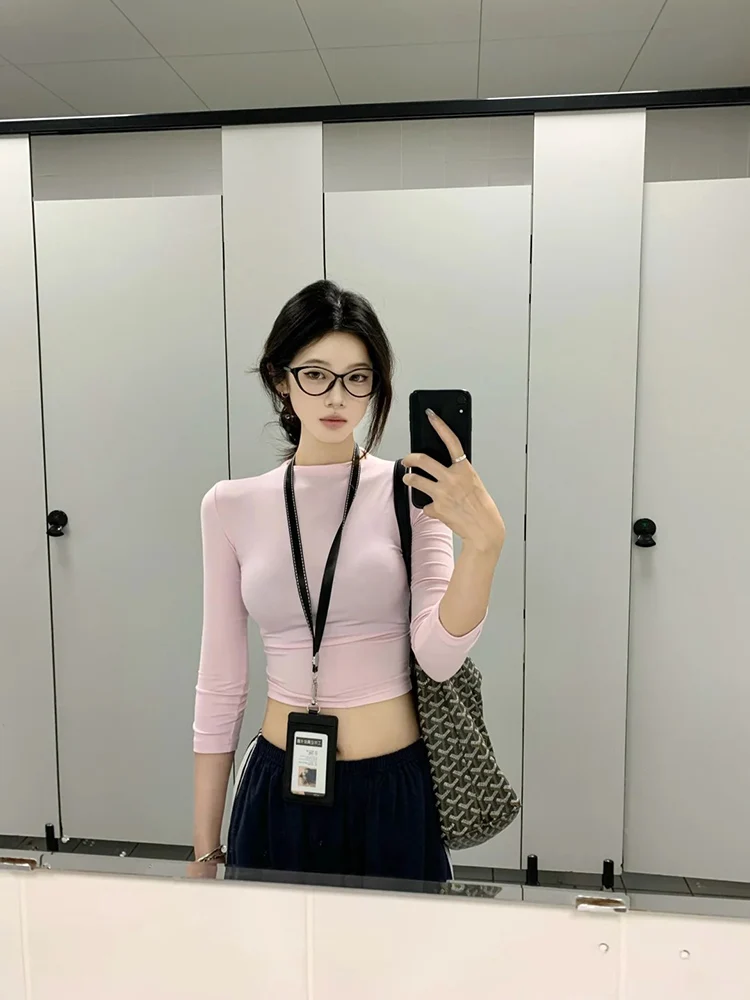 Sexy Pink Slim Fit ort Sve T-irt Women's Summer High Collar Tight Waist ort Length Bodycon Cotton Polyester Blend