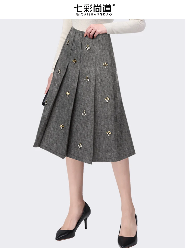 Fashion Grey Diamond-encrusted Skirt Women HIgh Waist A-line Pleated Mid-length Skirts Spring Summer New Cute All-match JK Skirt