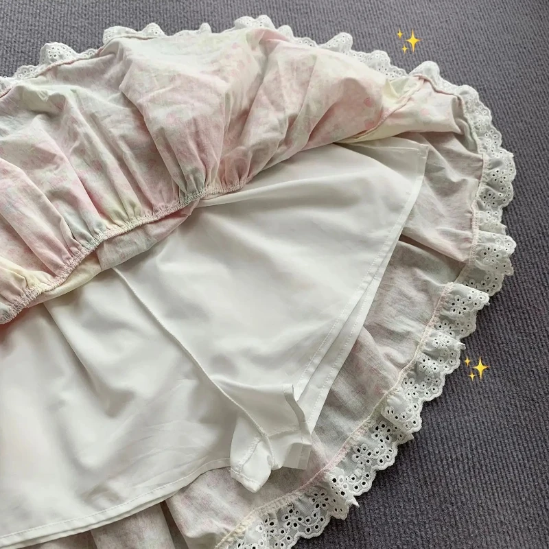 Sweet Kawaii Print Lace Tiered Skirt Women Japanese Lolita Slim Bottoms Summer Casual Cute Fashion Mini Skirt Y2k Clothing New
