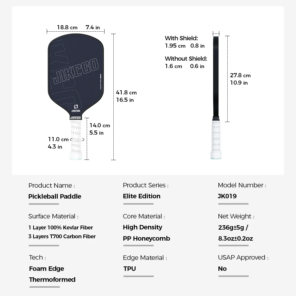 JIKEGO Thermogevormde Kevlar Pickleball Paddle 16 mm 5,5 inch hybride schuimrand Gen 2 Augurkballen Racket Power Spin Unibody Overgrip