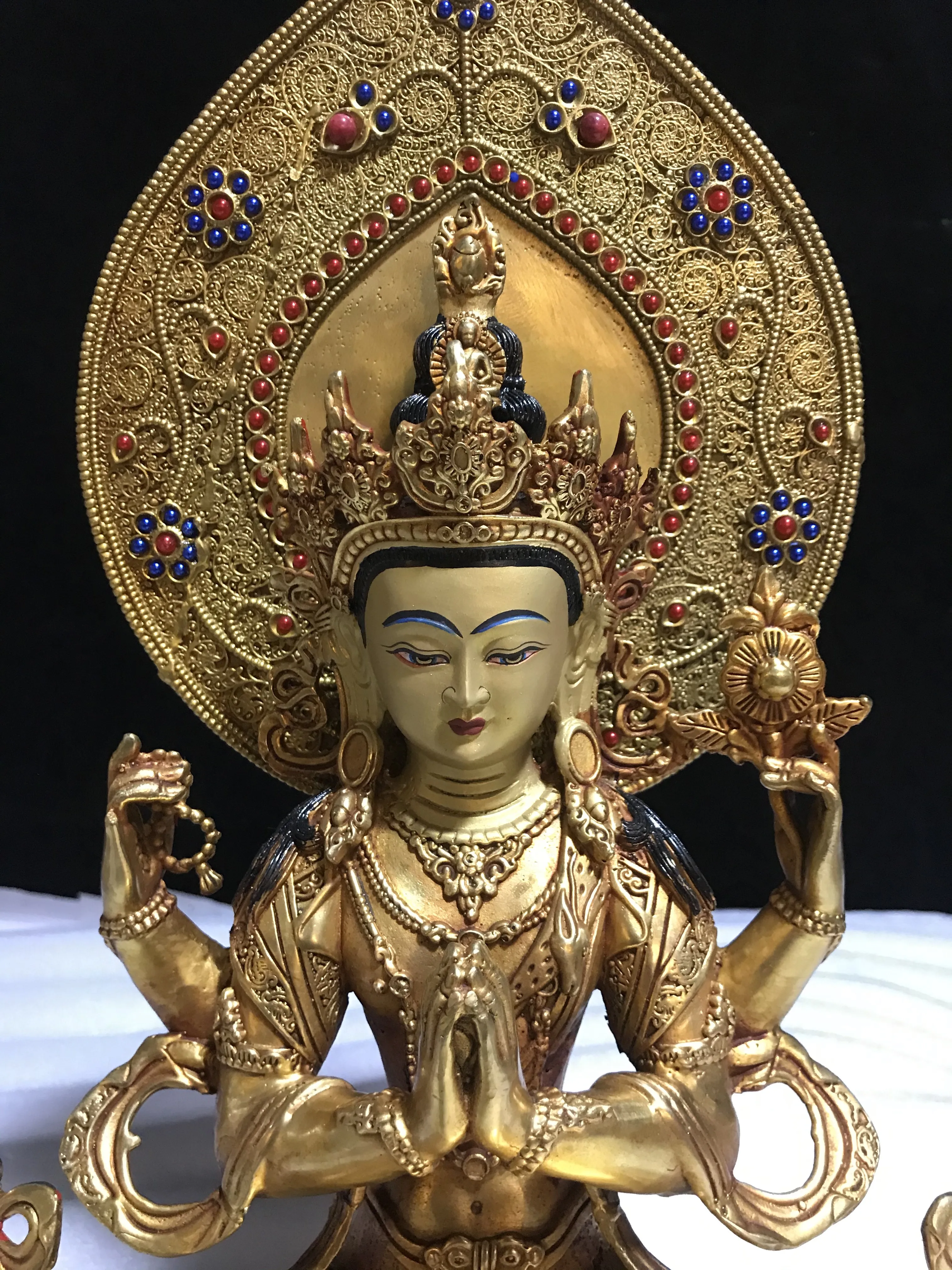 10 inch Tibetan Tantric pure copper gilt four-armed Buddha mother Buddha statue Brass one-foot plus backlit bronze statue orname