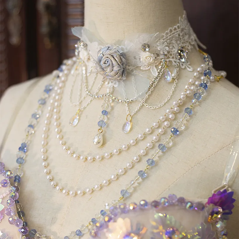 Japanese Original Heavy Gorgeous Industry Lolita Handmade Rose Lace Necklace Choker Pearl Crystal Accessories for Women