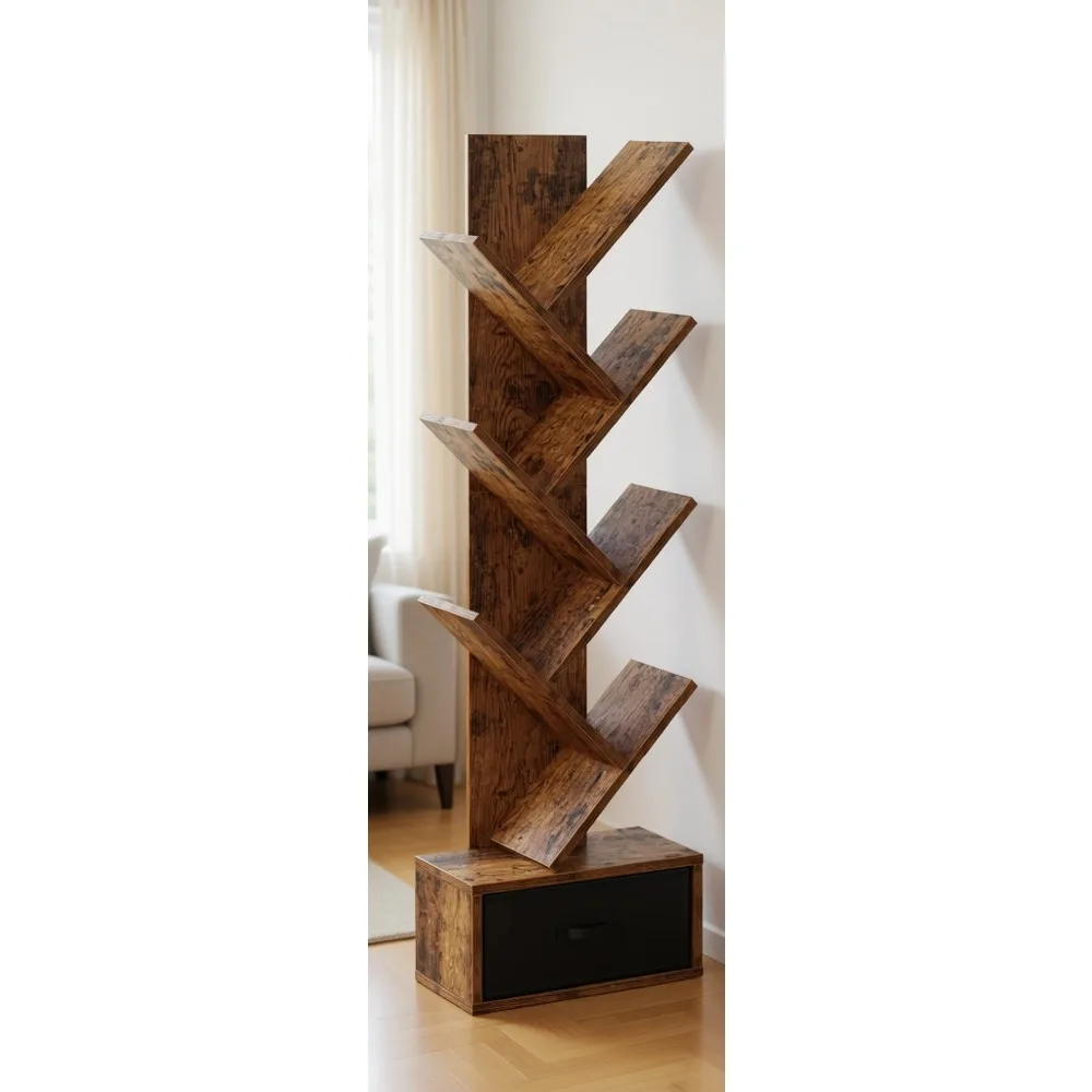

Seven Tier Tree Bookscase with Drawer Tall Narrow Storage for Books CDs Movies Living Room Bedroom Rustic Brown