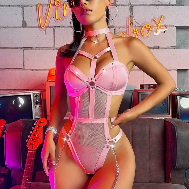 Body in lingerie sexy monopezzo modellante per il corpo abbinato con catena in metallo a rete bikini