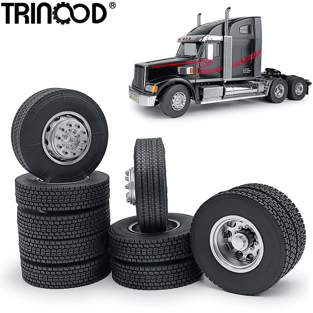 TRINOOD 6Pcs RC Truck Wheel Tires Set Drive Hole Front Wheel Hub & Hex Rear Hub for 1/14 Tamiya 6x6 Tractor Trailer Cargo Parts