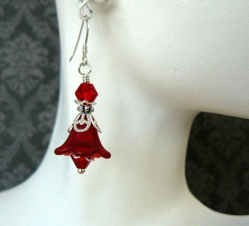 Red Flower Earrings, Bright Crimson Lucite Flower Dangles, Vintage Style Jewelry, Gift for Her, Red and Silver Floral Earrings