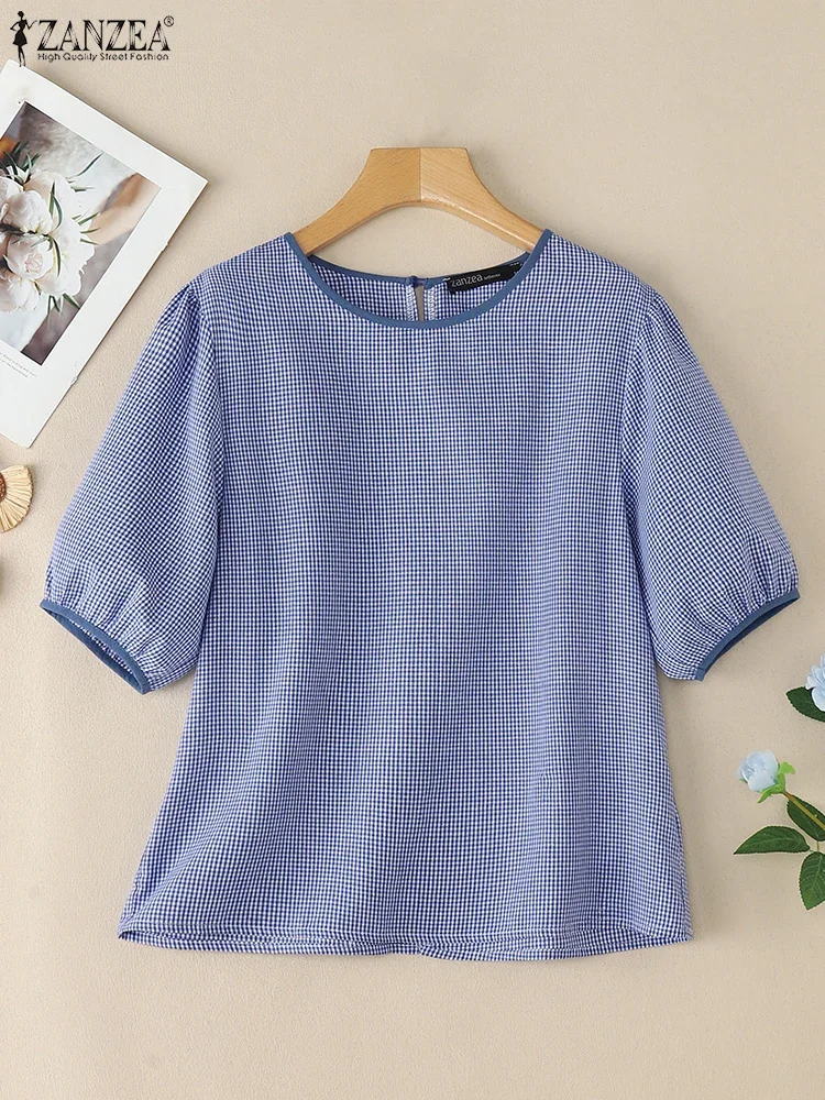 2025 ZANZEA Letnia bluzka z krótkim rękawem i dekoltem w kratę Damskie luźne koszule w kratę Casualowa koszula wakacyjna Damskie bluzki do pracy Oversize