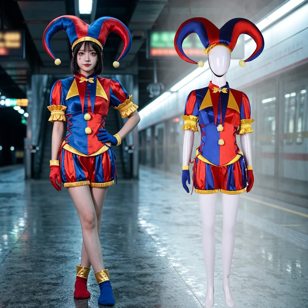 

Anime The Amazing Digital Circus Pomni Cosplay Costume Clown Women Jumpsuit Hat Gloves Socks Halloween Costume Party Outfit