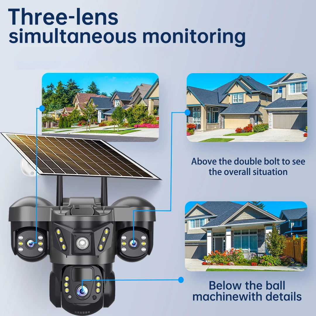 15MP Three Lens 4G Camera Solar Power Outdoor Waterproof PIR Humanoid Detection Security Video Monitor V380 Battery Surveillance