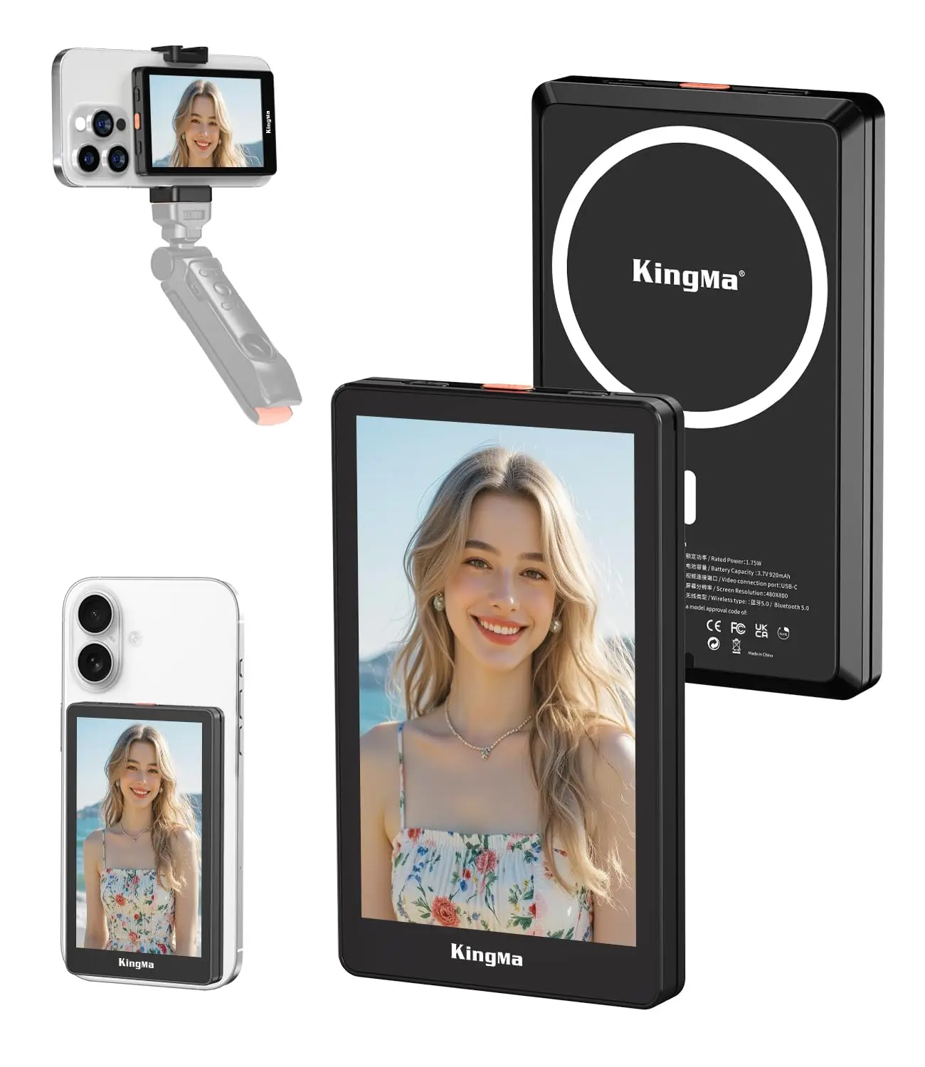 King Ma 4K 30FPS Magnetic Phone Vlog Selfie Monitor Screen, Sync Back Camera iPhone Monitor Screen for Vlog Live Stream & TikTok
