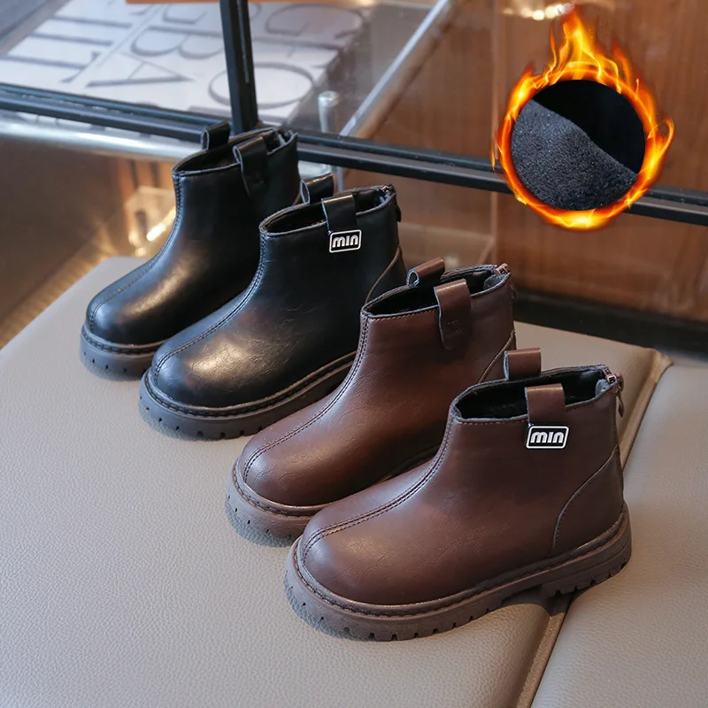 

Осенне-зимние новые детские ботинки из искусственной кожи, повседневная бархатная теплая обувь до щиколотки для девочек, размер 26-36