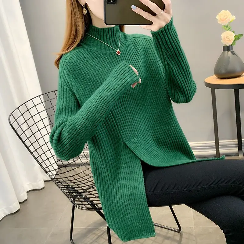 Stylish All-match Spliced Screw Thread Knitted Asymmetrical Sweater Women's Clothing 2024 Autumn New Casual Pullovers Warm Tops