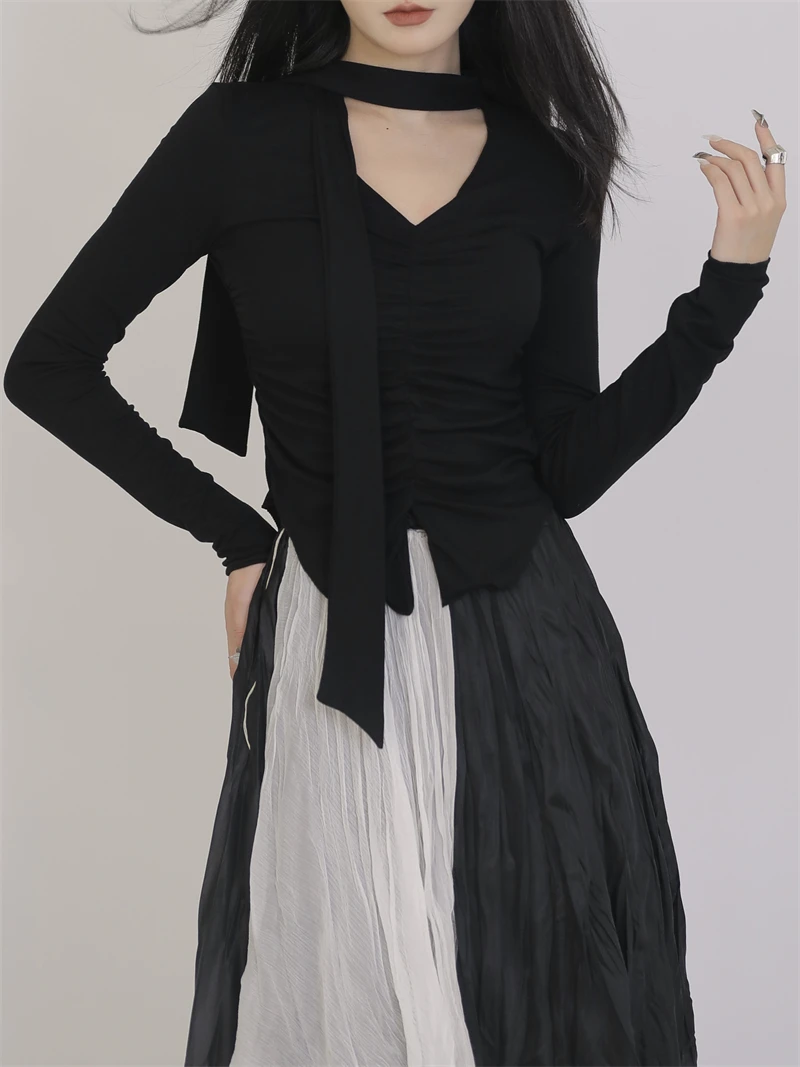 

Slimming Long Sve V-Ne Base irt Women's Faion Design Casual Versatile Split Design Cotton Blend Knitted Top