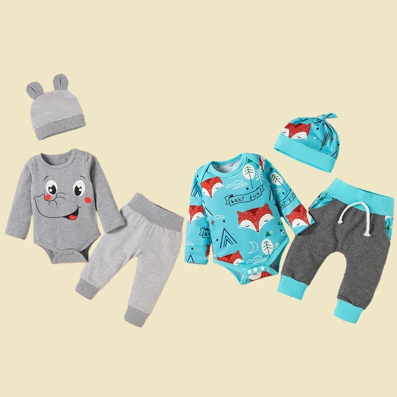 3PCS Autumn/Winter Children\'s Infant Creeper Bodysuit Cute Animal Print Elephant Fox  Pants Holiday Party Travel Clothing 0-24M