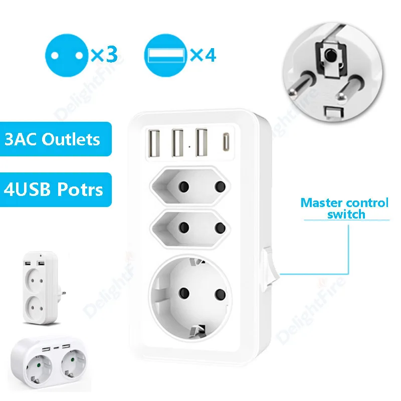 EU Electrical Socket Standard Plug Adapter USB Ports ON/OFF Switch 16A 250V France German Korea Plug Wireless Extension Socket