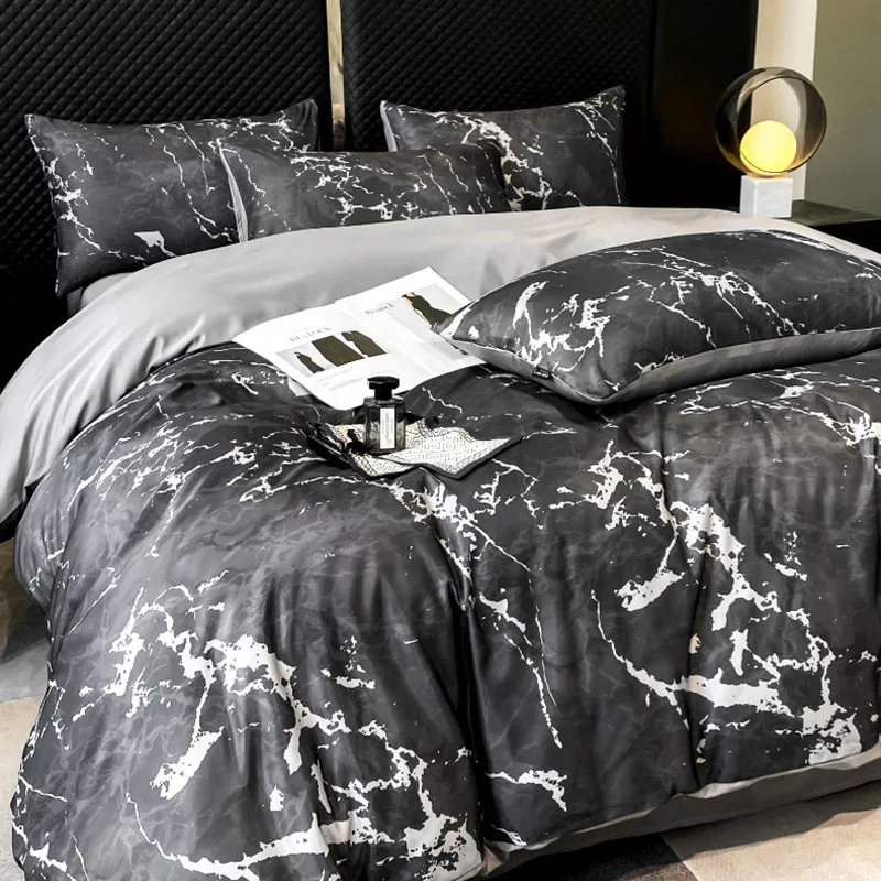 Luxury Marble Print Bedding Set Summer Faux Ice Silk Breathable Bedclothes High-End Skin-Friendly Colorfast Home Decoration