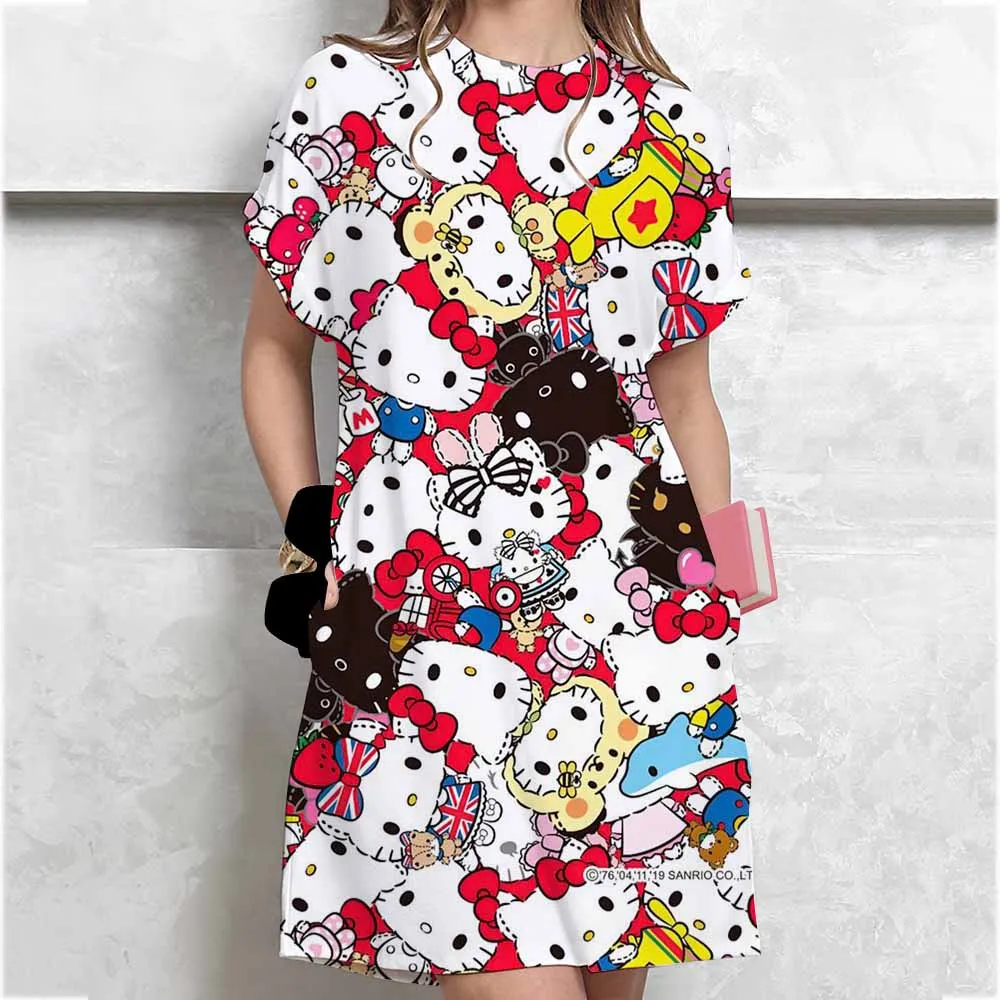 Veelzijdige preppy stijl loszittende jurk met korte mouwen Hello Kitty bedrukte T-shirtjurk voor dames in Koreaanse stijl ﻿