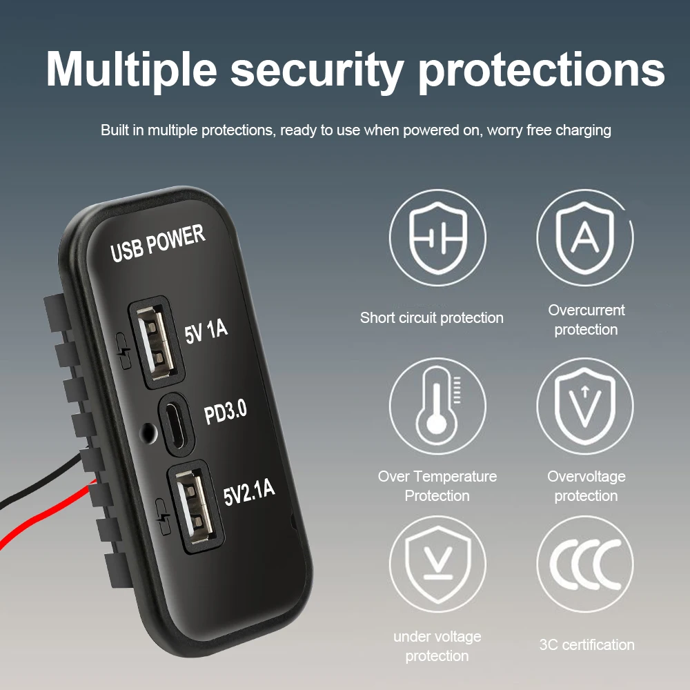 12/24 فولت شاحن سيارة PD Type-C 2.1A 1A المزدوج USB محولات المقبس للدراجات النارية السيارات شاحنة ATV قارب RV حافلة محول الطاقة المخرج