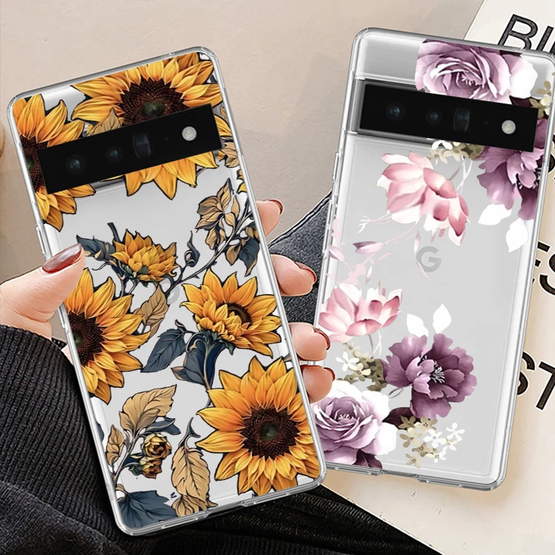 Fashion Sunflowers Pattern Phone Case For Google Pixel 8 Pro 9 Pro XL 8A 7 6A 5G Cute Purple Flower Clear Soft TPU Cover Fundas