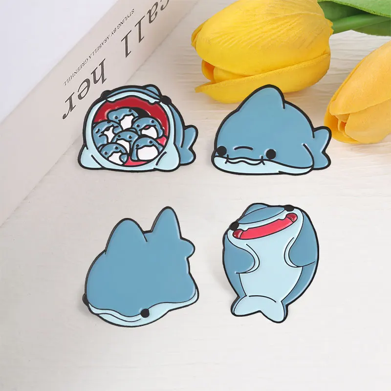 Niedliche Hai-Emaille-Abzeichen „Stay Positive“ Skelett-Cartoon-Pins Lustige Meeres-Tier-Metallbroschen Anstecknadel-Set Geschenk für Freunde – Detail 7