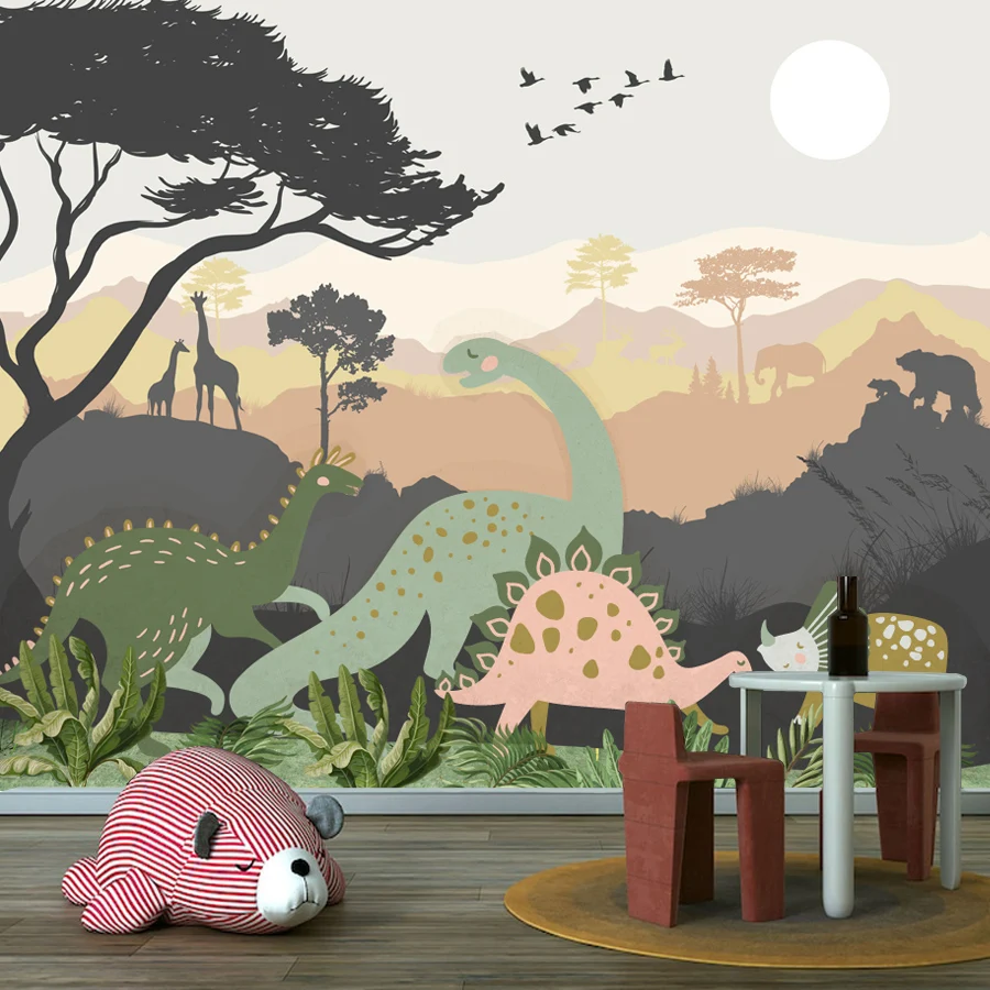Custom Removable Peel and Stick Wallpaper for Bedroom Decoration Kid's Baby Wall Papers Home Decor Animal Dinosaur Sunset Mural