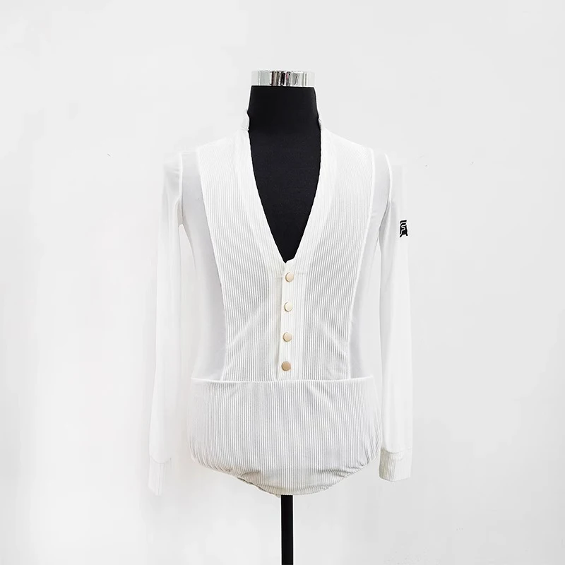 V Heren Latin Dans Shirt Glanzende Strass Dans Shirt Met Lange Mouwen Professionele Ballroom Latin Tango Rumba Competitie Shirts