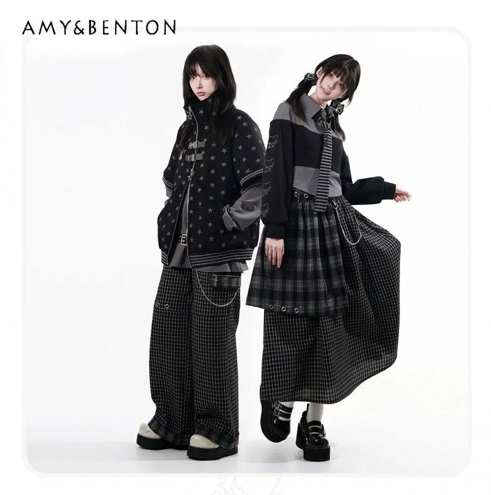 

High-end Gray Color-blocking Plaid Skirt Sets Women Harajuku-style Gothic Faux Two-piece Shirt Casual Long Pants Two-piece Set