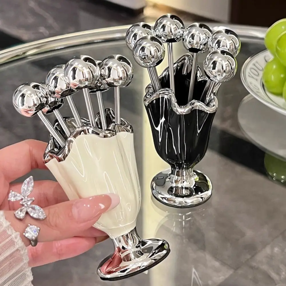 

6Pcs Stainless Steel Fruit Forks Set INS Light Luxury Dessert Forks with Holder Tableware Organizer Ceramic Jar