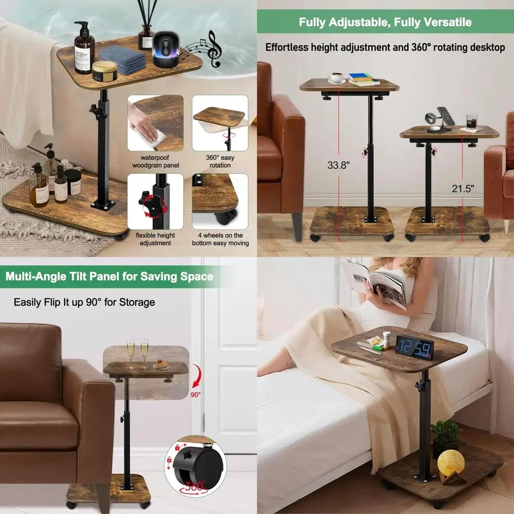 

Регулируемый двухуровневый поворотный поднос для телевизора с колесами, деревенский коричневый деревянный столик для использования на диване