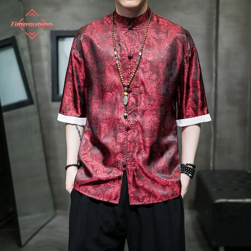 Fashion National Tide Shirt for Men Summer Cool Ice Silk Shirt Man Chinese Style Hanfu Large Size Short Sleeve Shirt