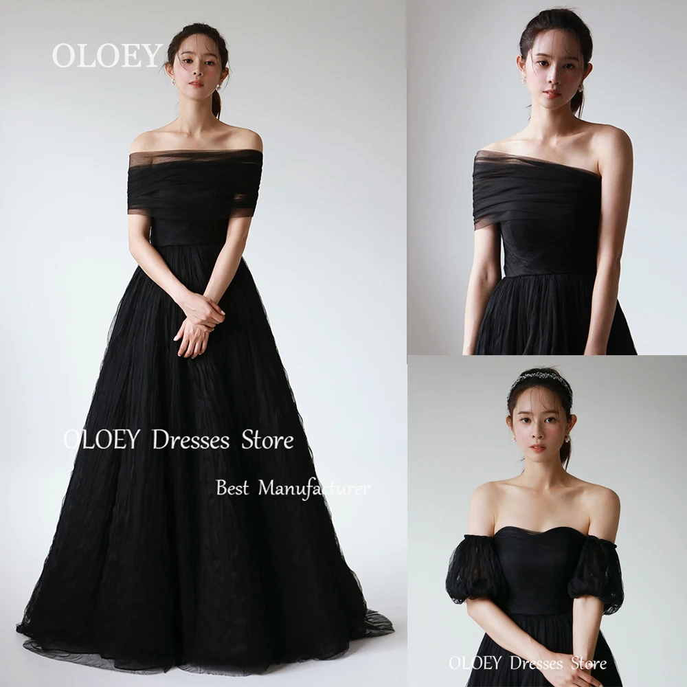 OLOEY Simple Black Prom Dress Korea Wedding Photoshoot Sweetheart Long Party Dress With Detachable Sleeves Bolero Soft Tulle